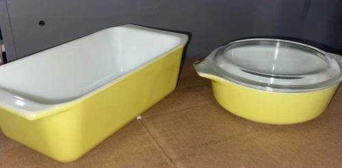 Vintage Pyrex Yellow Citrus #471 1 pt. dish w/lid &PYREX #913 LOAF PAN DISH 1.5