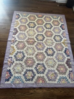 Vintage Grandmother's Flower Garden Quilt Feedsack Feed Sack Hand Stitched 63x82