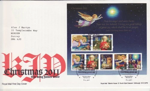 GB Stamps First Day Cover Xmas King James Bible MS, angel, nativity SHS 2011