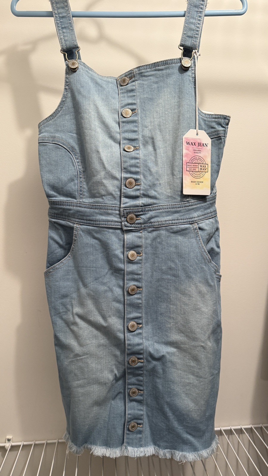 New WAX JEAN Solid Denim Overall Mini Dress Button Pockets - Size Medium