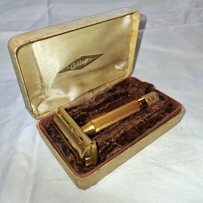 Vintage Mens Gillette Safety Razor Travel Case Gold Tone Made In USA