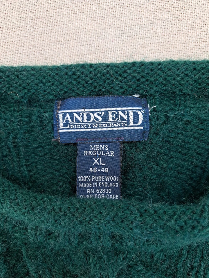 Vtg Lands End Wool Sweater Mens XL Green Cable Knit Roll Neck England Fisherman - Image 3 of 4