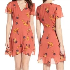 Madewell Size 10 Orange Posey Cactus Flower Mini Dress Short Sleeve Faux Wrap