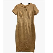Calvin Klein Women Size 4 Tan Suede Sheath Dress Zipper Ring Short Sleeve