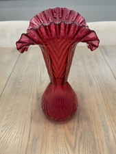 FENTON CRANBERRY GLASS VASE with RUFFLE TOP EDGE 12"