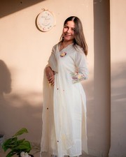 Women s White Cotton Dobby Kurta Pant Dupatta Set Embroidered Sleeves