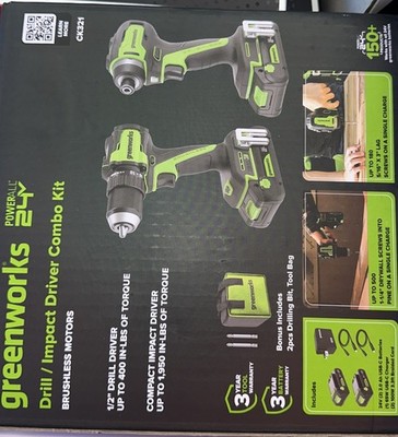 Greenworks 24V 400 in-lbs Drill Driver and 1950 in-lbs Impact Driver Combo Kit