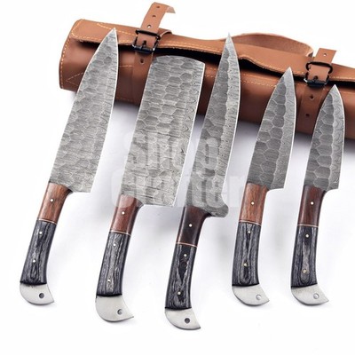 5pc Handmade Damascus Chef Knife Set with Rosewood Handle & Leather Roll