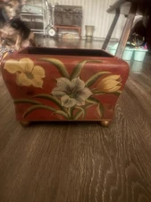 Red Floral Wooden Hand Painted Box with Velvet Interior Decorative Storage Box