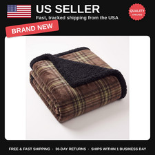 Cozy Sherpa Throw Blanket - Fall Tartan Plaid, Soft Brown, Perfect for Christmas
