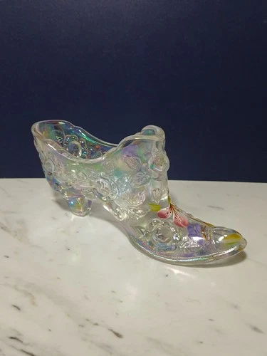 Vintage Hand Painted Fenton Glass Iridescent Rainbow Slipper Shoe Hand Painted