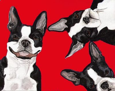 BOSTON TERRIER 2 Dogs Dog 8x10 Signed Art PRINT of Oil Painting by VERN