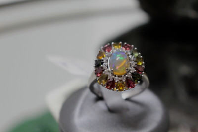 Äthiopischer Opal mit mehrfarbigem Turmalin und weißem Zirkon Ring Größe 8 Neu mit Etikett
