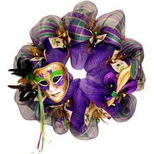 Mardi Gras Wreath Extra Large With Venetian Mask and Fleur De Lis Handmade Deco