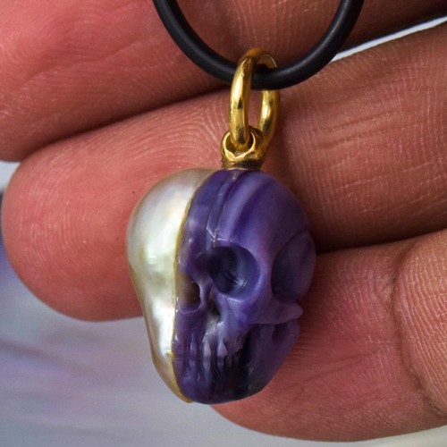 Skull IN Süd See Perle Anhänger Geschnitzter Lila Muschel Vermeil Sterling 5.79g - Bild 12 von 15