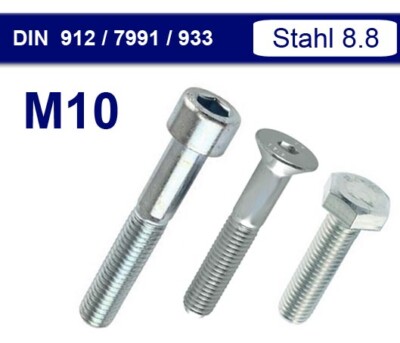 M10 Sechskant Zylinder Senkkopf Schraube Sechskant Stahl verz - DIN 933 912 7991