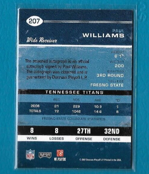 2007 Playoff Contenders Rookie Ticket Paul Williams AUTO Tennessee Titans #207 - Image 2 of 2