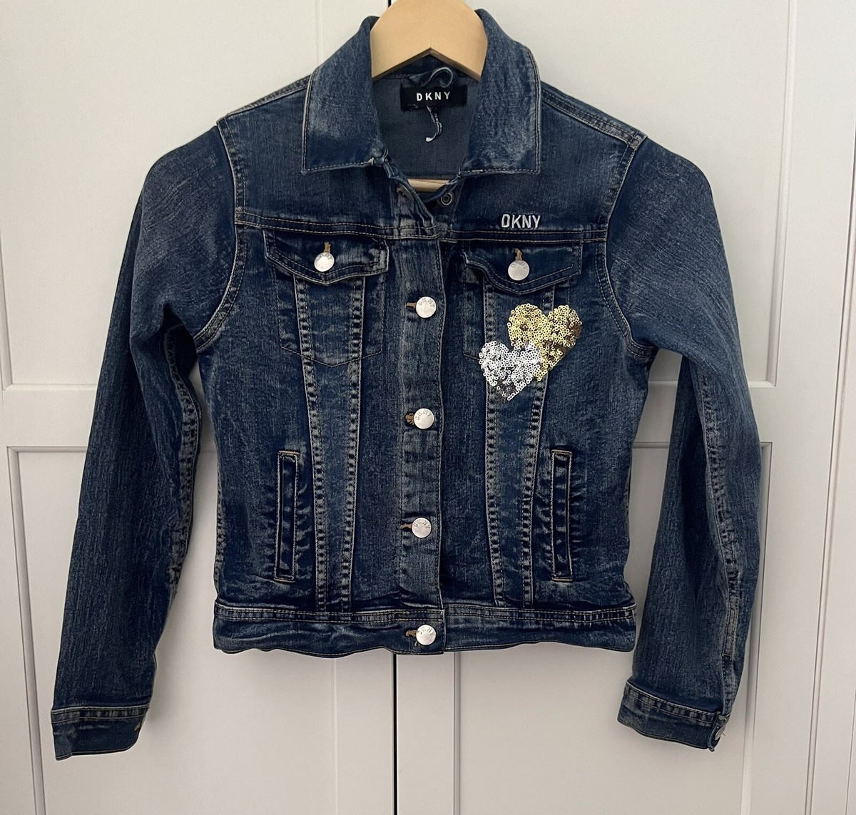 DKNY Girls Sequin Denim Logo Jacket Snap Closure Size L (12