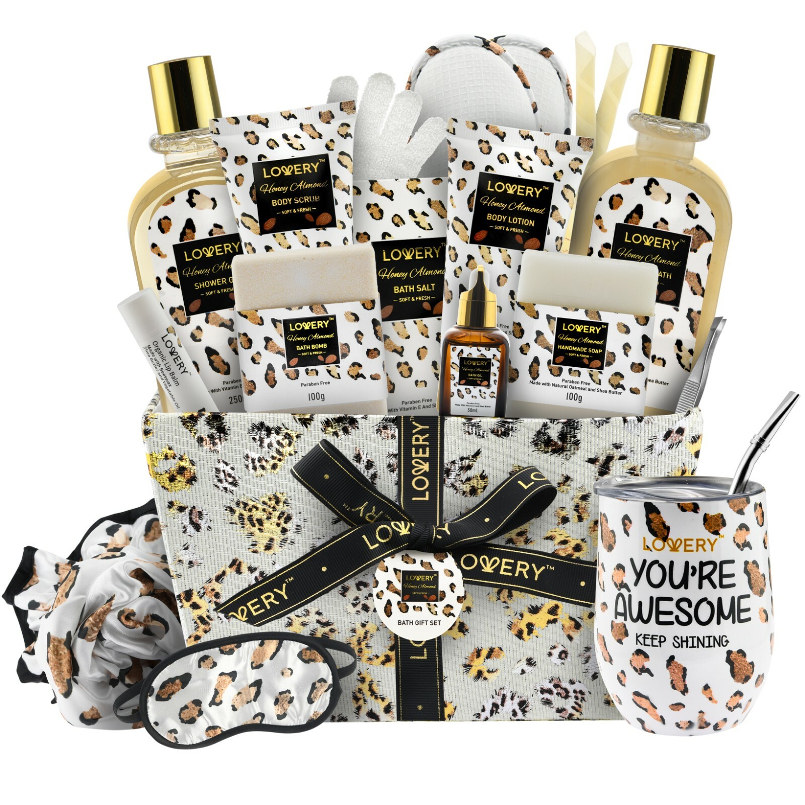 Home Spa Kit in Honey Almond Scent - Luxury Bath Gift Basket - Leopard - 21 Pcs