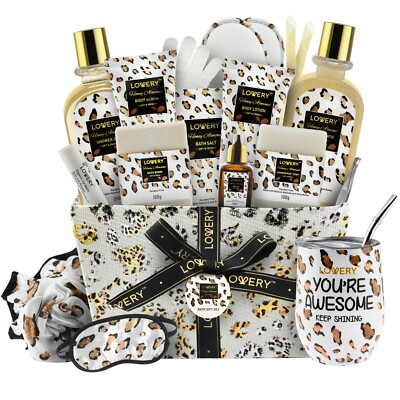 Home Spa Kit in Honey Almond Scent - Luxury Bath Gift Basket - Leopard - 21 Pcs