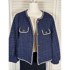 NWT Evafreedom Tweed Boucl  Crop Jacket Collarless Gold Button Blazer 2XL XXL