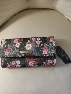 Tahari Wallet Clutch Purse Royal Flush Black Trifold Floral Paris 8''x4.5'' Fan 