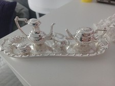 Dolls House Miniature Silvertone Metal Tea/Coffee Set with Tray Tea Party