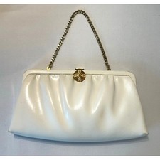 Vintage Ande 1960 White Leather Clutch With Gold Chain And Accents
