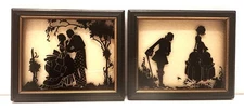 SET 1933 Painted Silhouette on Glass Victorian Couple Sweethearts & The Meeting
