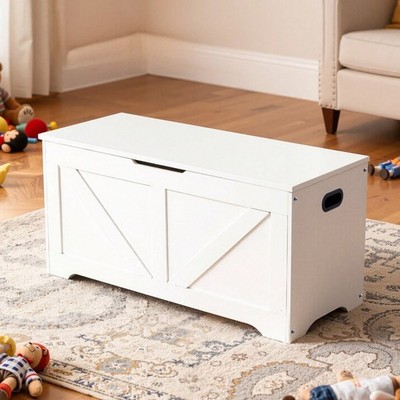 Kids Storage Bench Wooden Toy Box Chest w Hinged Lid White 39in