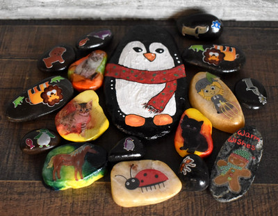 Lot of Painted Collage Stones Rocks Art 17 Pcs