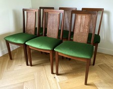 Six Mid Century Re-Upholstered G Plan Cane Back Dining Chairs in Green Velvet
