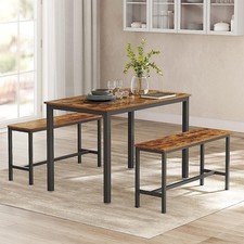 Dining Table and Benches Set Steel Rustic Brown Black Kitchen Room 3 Piece