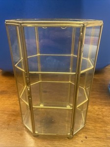 Vintage 8.5” Glass & Brass Jewelry/Mini Display Curio Case Cabinet Octagon