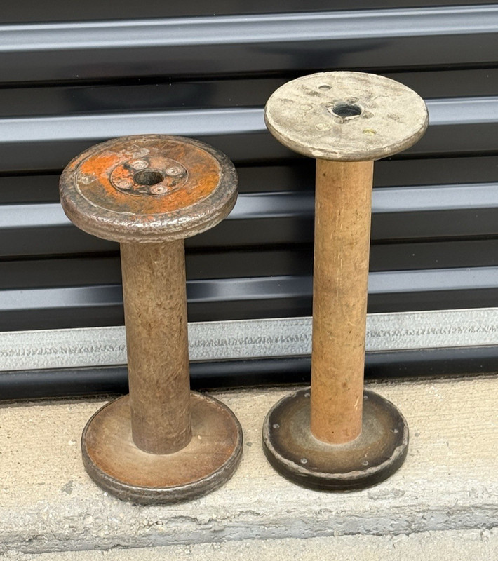 2 VTG 11" & 13" LONG Old Wooden Brass Metal Spools Bobbins Sewing Weaving Crafts