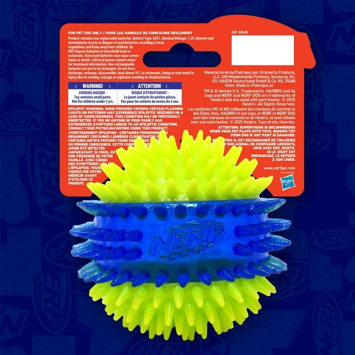 Nerf Dog LED Light Up Dental Spikes Squeak Ball Dog Toy, 2.7 inch