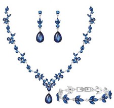 Bridal Wedding Elegant Floral Jewelry Set for Sapphire Blue Silver 