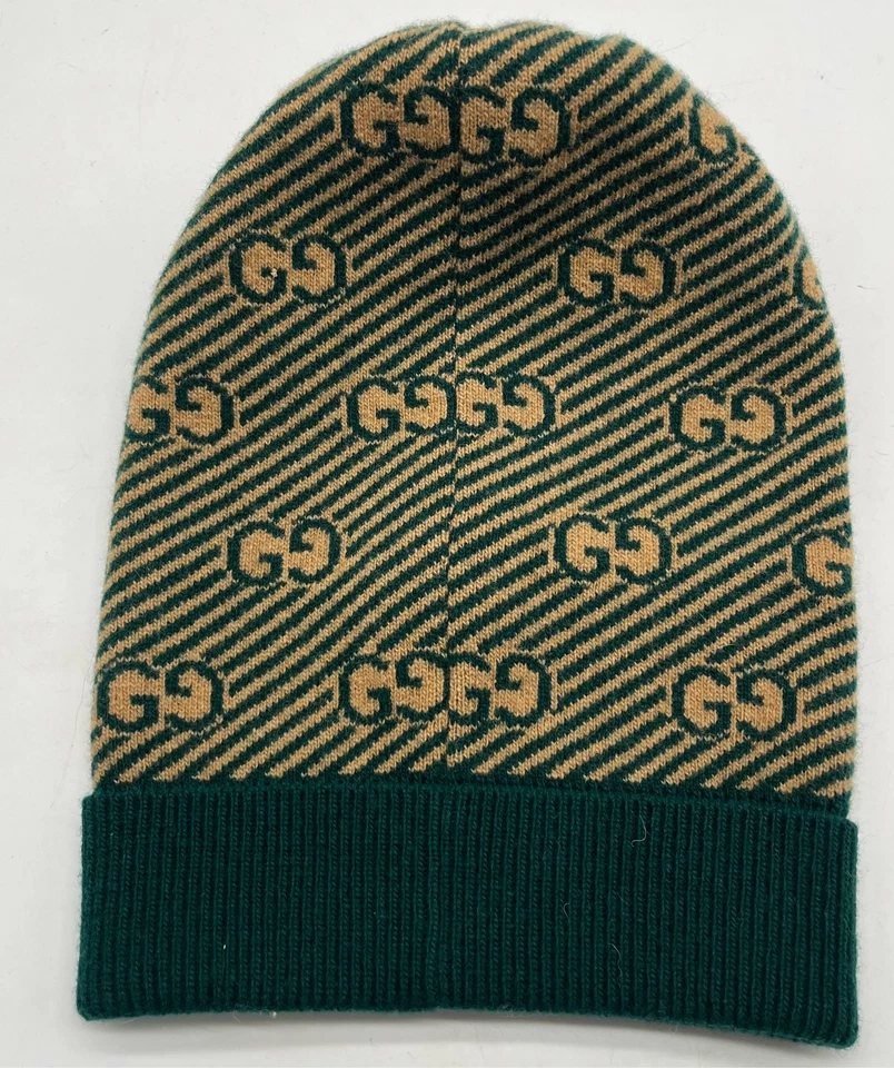 Gorro de lana Gucci verde/beige con monograma estampado de rayas talla S Foto 2 de 4