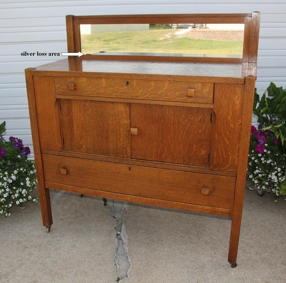 Antiguo buffet 1920 cuarto aserrado roble dorado misión artes y manualidades con espejo y llave Foto 4 de 4