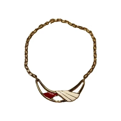 Vintage Gold Tone Red & White Enamel Statement Necklace Modern Abstract Design - Image 1 of 4