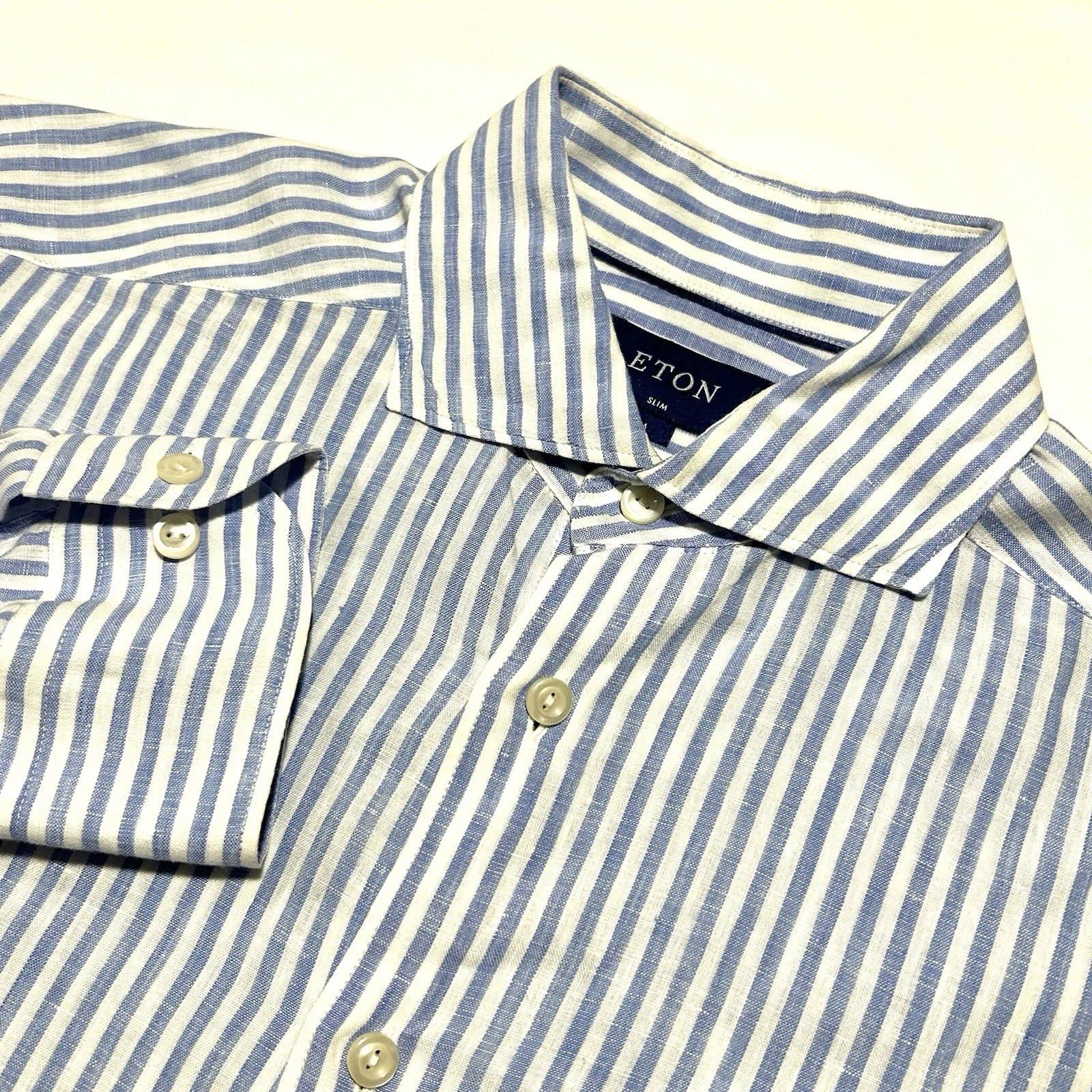 Eton Linen Shirt Mens Medium Light Blue Striped 100% Linen Slim Fit Long Sleeve