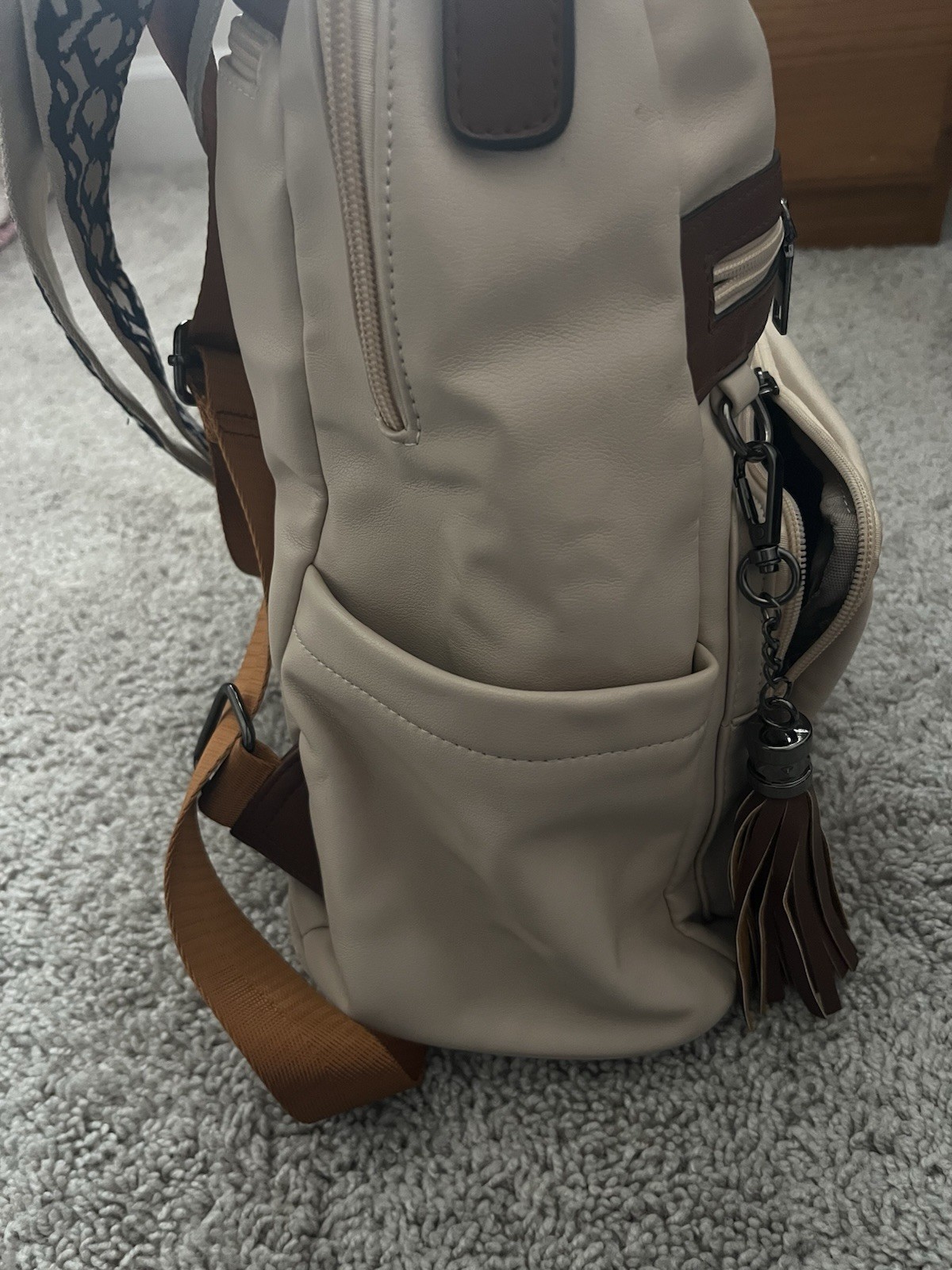 Beige Brown Backpack Purse Patterned Detachable S… - image 6