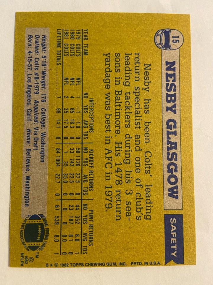 1981 TOPPS FOOTBALL CARD BALTIMORE COLTS #176 NESBY GLASGOW