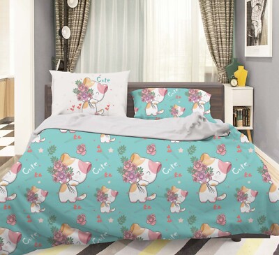 3D Cat Flower Cartoon Pattern Quilt Cover Set Bedding Sets Pillowcases Queen