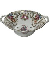 ES Prussia Bowl Porcelain Reticulated Dresdel & Flowers Monogram “M” 632/1662