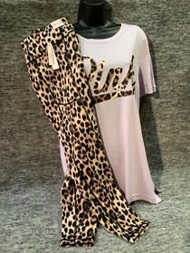 Victoria's Secret Pink Leopard Campus Tee Shirt + Ankle Leggings Set M 12 NWT
