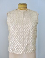 Vtg 60s ivory shell top iridescent sequins silver zigzag stripe back zip lined M