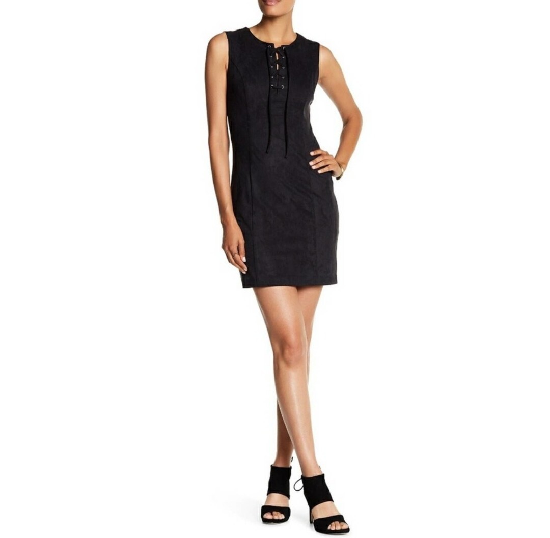1 state black dress 1. Women’s Size 6 Small Faux Suede Front Lace Up Sheath NWT Sleeve length type:Sleeveless Keyhole with button closure CLEARANCE TAG: FALL/WINTER FOOTWEAR Black Puff Sleeve Bubble