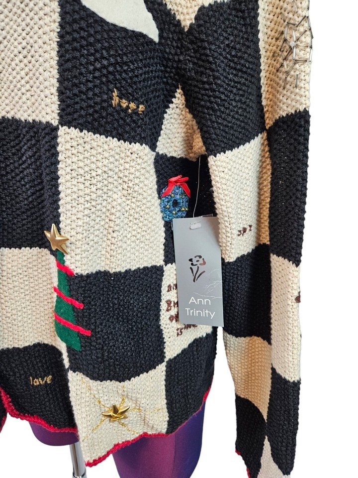 NWT Ann Trinity Black & Cream Christmas Patchwork Cardigan Sweater Size