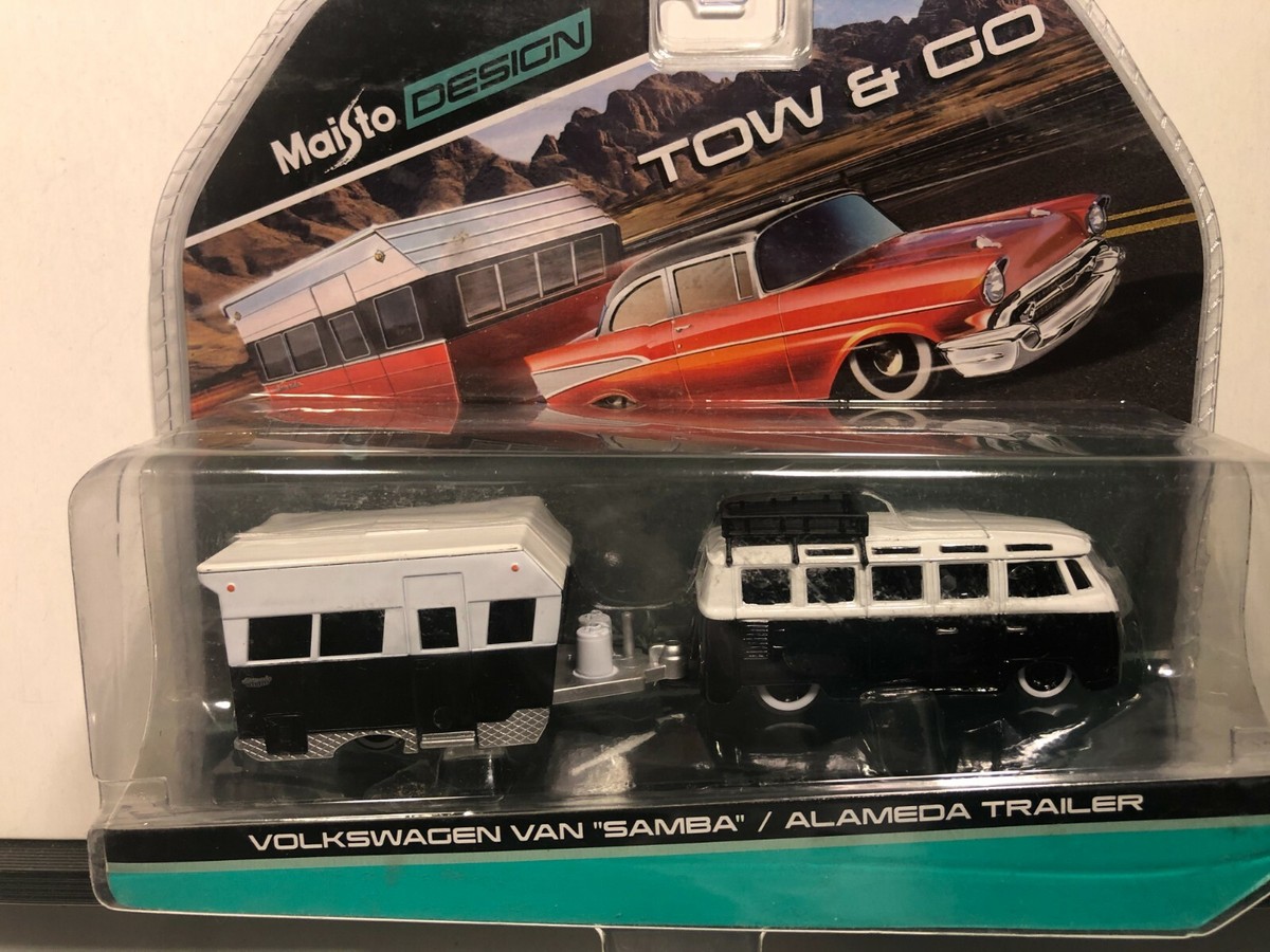 1/64 MAISTO TOW & GO VOLKSWAGEN VAN SAMBA BUS & ALAMEDA TRAILER